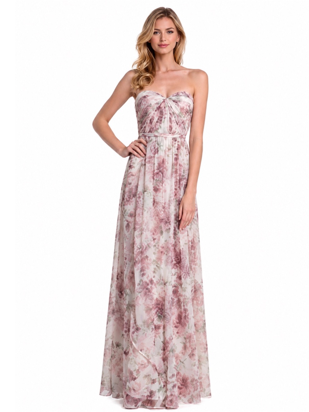 Jenny Yoo Strapless Sweetheart Floral Chiffon Maxi Gown